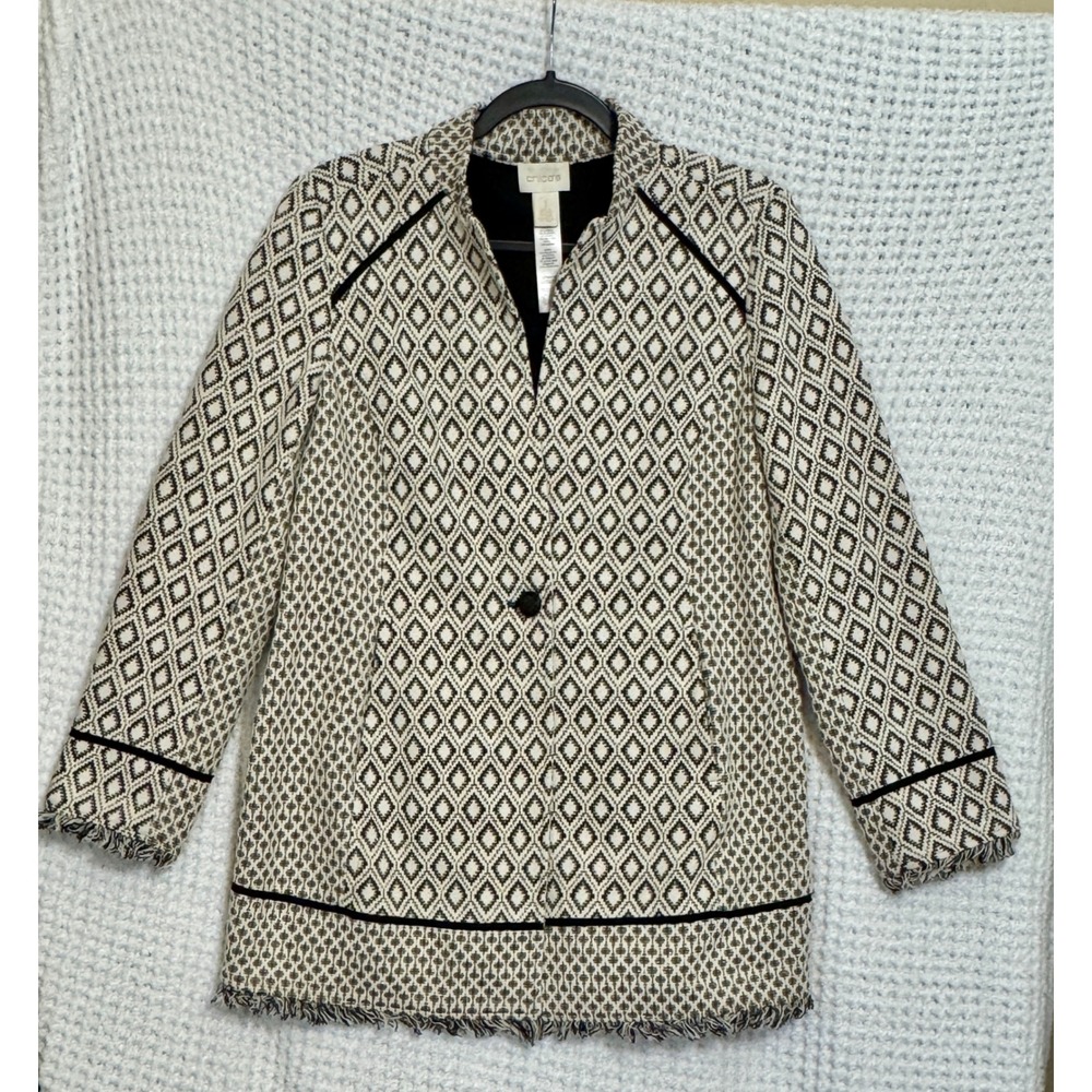 Chico's Geometric Diamond Print Blazer Jacket Size 1 Fringe Trim‎